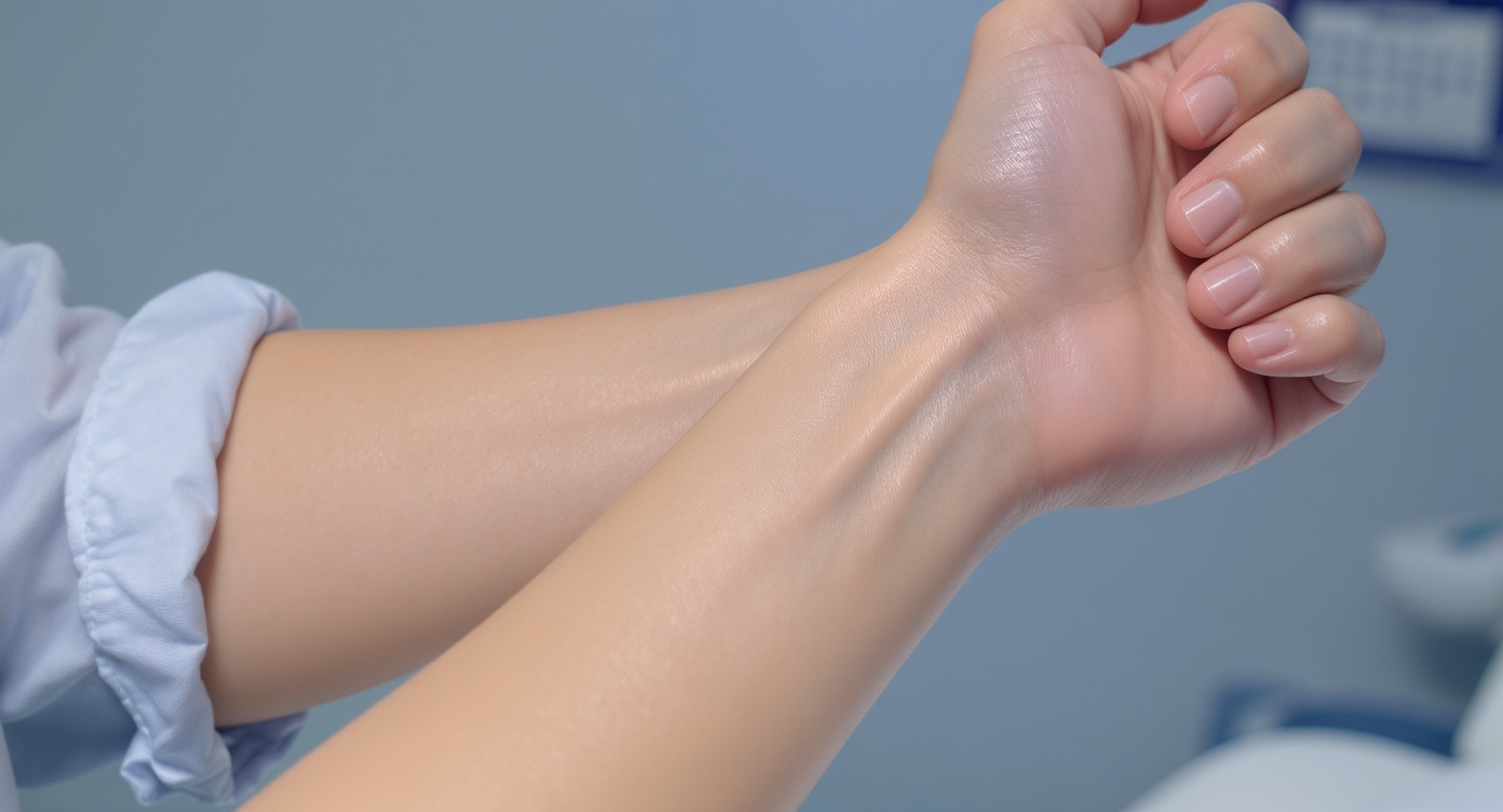 Photorealistic close-up of a woman's forearm showing contrasting areas: perfectly smooth skin on one side and subtle regrowth patterns on the other, captured under soft clinic lighting with blue ambient tones. Professional attire visible (rolled-up sleeve of light blue blouse), rim light highlighting skin texture details, neutral expression balancing concern and hope. Background features modern aesthetic clinic decor with blurred scheduling calendar on wall, no readable text, hyperrealistic skin pores and hair follicles visible under controlled lighting.