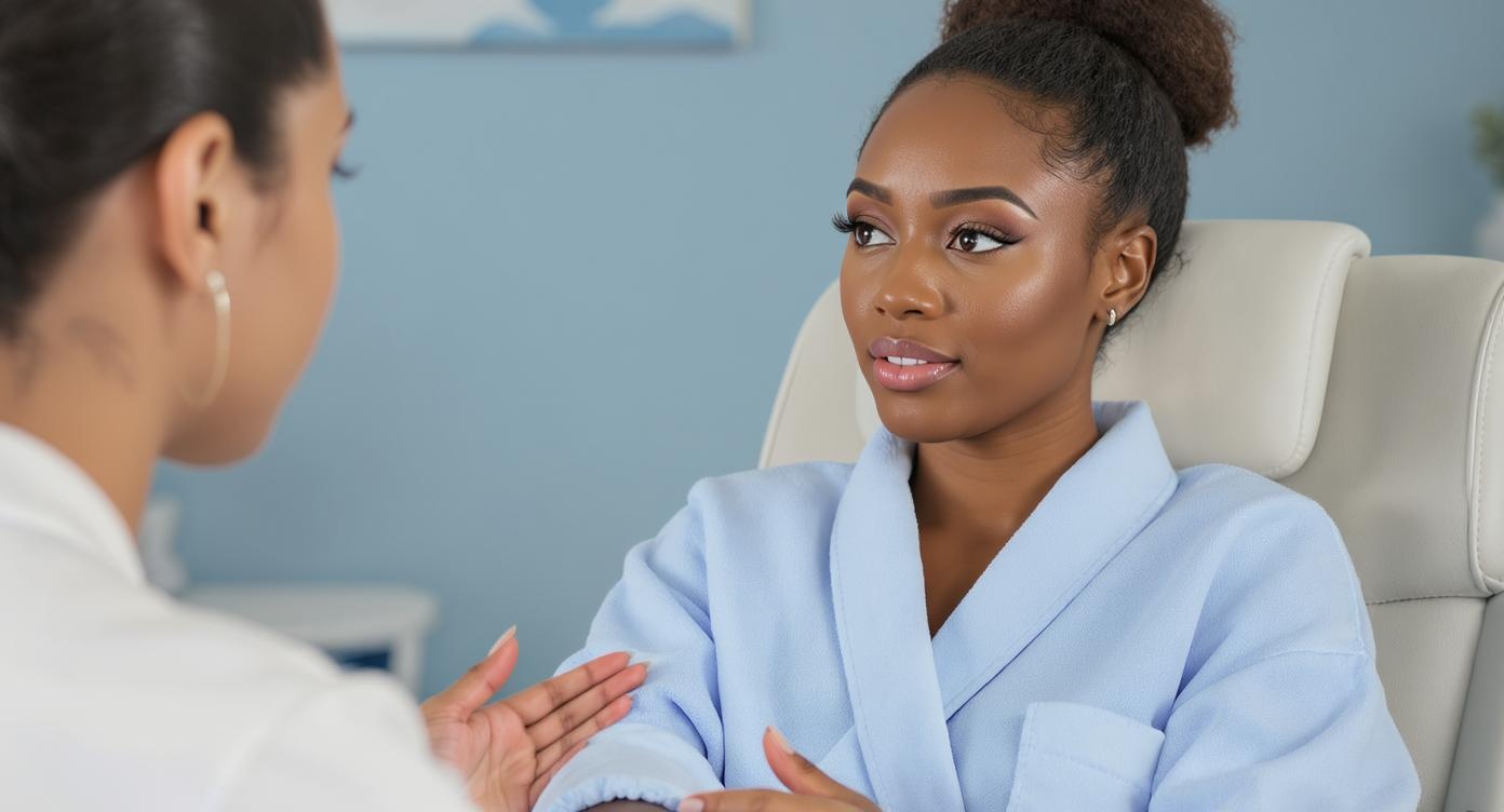 Close-up portrait of a Métisse woman with medium-brown skin tone seated in a consultation chair, wearing a light blue medical robe properly fastened. She maintains eye contact with an attentive female practitioner in a white coat who gently gestures while explaining. Warm natural lighting emphasizes trust and professionalism, soft blue-toned wall decor visible in background bokeh. Photorealistic skin texture details, precise fabric folds visible on rolled-up sleeve showing arm analysis area, expression conveying cautious optimism during skin assessment. Strictly SFW framing showing only face and upper torso, no medical devices in frame.