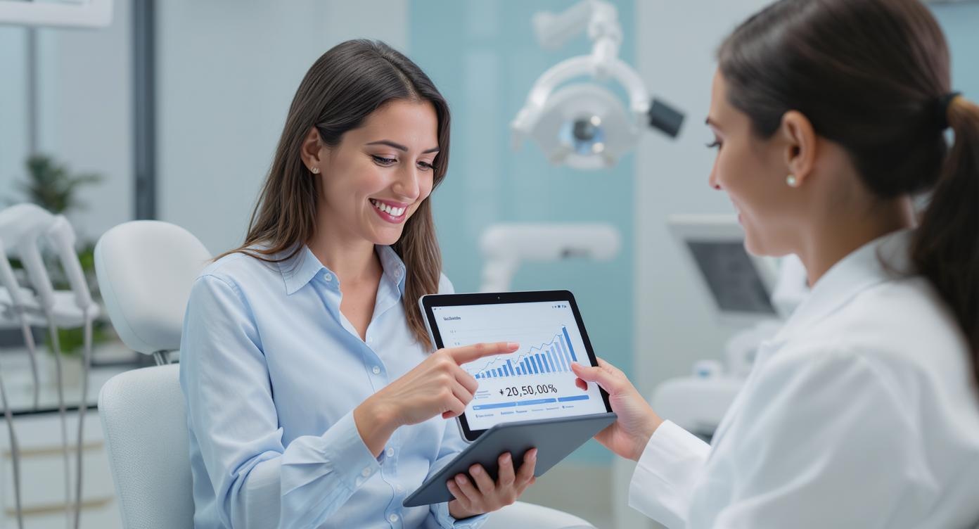 Photorealistic scene in modern aesthetic clinic: A 32-year-old woman in light blue blouse smiling with relief while pointing at a tablet showing simplified financial charts. Focus on genuine interaction with female consultant in white lab coat explaining calculations with hand gestures. Natural daylight from large windows highlights blue-toned clinic interior with metallic medical equipment. Ultra-detailed textures of tablet screen (abstract graphs visible), professional attire and facial expressions. Rule of thirds composition capturing moment of financial clarity. Soft rim lighting enhances emotional impact without visible text elements.