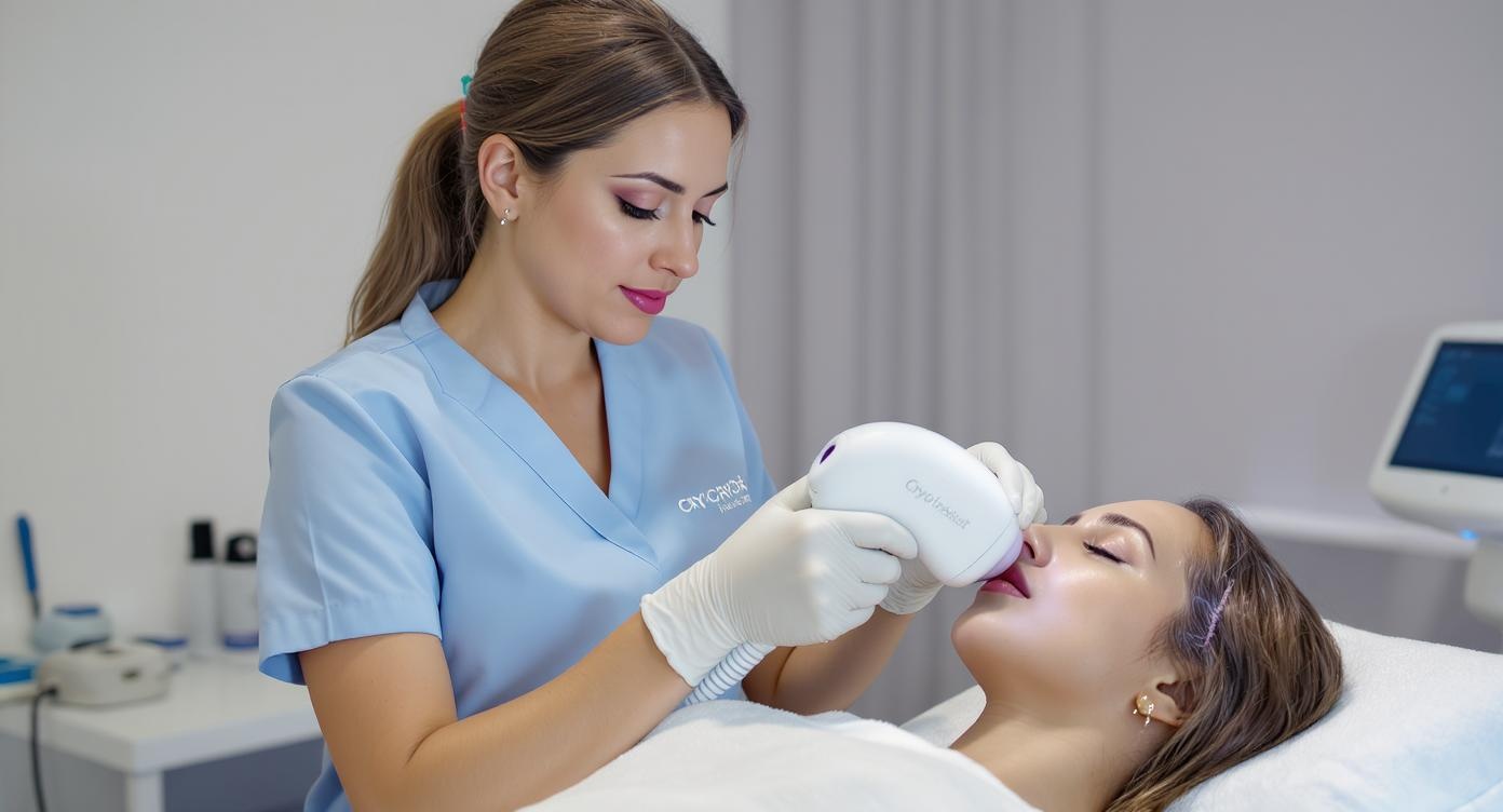 A photorealistic scene in Cryo Institut's Villeurbanne clinic showing a certified esthetician (in professional light blue uniform) performing a laser hair removal treatment with attentive care. The esthetician is looking closely at both the device screen and client's skin, demonstrating expert monitoring. The client (properly draped, SFW) has a relaxed, trusting expression showing no discomfort. Both women are ethnically diverse to demonstrate adaptability to various skin tones. The clinic features modern French design elements with subtle blue accents. Composition follows rule of thirds with the esthetician's focused expression as the emotional focal point. Soft natural lighting with rim light creates a YouTube thumbnail-worthy image conveying safety, personalized expertise, and human-centered care without medical sterility.