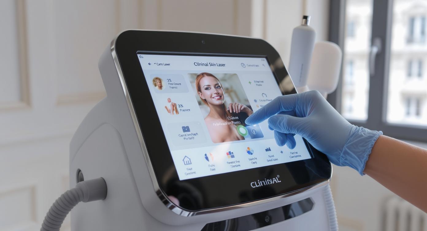 A photorealistic showcase of the Clininal Skin Laser by Contour Paris in Cryo Institut's Villeurbanne clinic. The French-made device prominently displays subtle 'Fabriqué en France' labeling on its sleek interface. A professional esthetician's hand (wearing light blue gloves) is adjusting settings on the machine which features clean, modern design. The clinic interior incorporates French architectural details with Lyon cityscape visible through a large window. Strong directional lighting creates a rim light effect on the device to draw attention, while composition follows rule of thirds with the Clininal Skin Laser as the clear focal point. The image conveys French precision, professional-quality technology accessible to the public, in a completely SFW setting that emphasizes trust in locally made innovation.