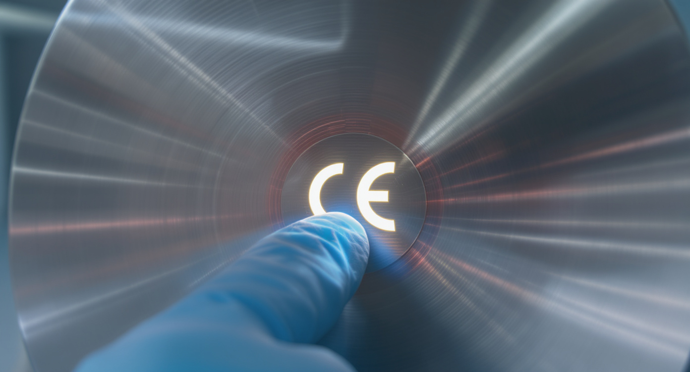 Close-up of a CE conformity symbol etched into a metallic laser device surface, illuminated by soft rim lighting that highlights the precise craftsmanship. A gloved professional's hand points to the symbol while maintaining eye contact with a diverse client visible in soft focus background showing visible relief. Cool blue-toned clinical environment with subtle reflections on stainless steel surfaces, photorealistic metallic textures conveying authenticity. Rule of thirds composition emphasizing this tangible safety verification method. No readable text anywhere in the frame, purely visual demonstration of mandatory certification through professional gesture and symbolic detail.
