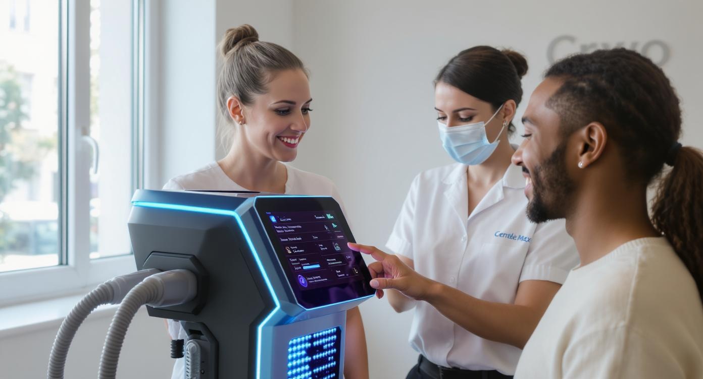 Photorealistic scene in a modern Villeurbanne clinic, soft daylight from large windows highlighting the sleek black-and-blue casing of a GentleMax Pro Plus laser device. A female technician with calm expression demonstrates adaptive intensity settings on the touchscreen interface to a diverse client (medium skin tone) wearing casual clothes. Blue accent lights glow softly on the device's cooling system, reflecting on the client's attentive face showing relief. Professional composition following rule of thirds with rim light outlining the device edges, neutral background with subtle Cryo Institut logo on wall. Focus on realistic textures of skin, fabric, and technology without medical references.