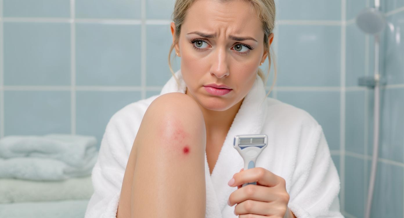 A frustrated French woman in her 30s wearing a white bathrobe, examining red bumps and ingrown hairs on her freshly shaved legs under soft bathroom lighting. Close-up showing irritated skin texture with visible razor burn, her hand holding a disposable razor with defeated expression. Background features modern blue-toned bathroom tiles and folded towels in seafoam green. Rim light highlighting facial frustration, rule of thirds composition with open space left for text overlay. Photorealistic skin details including subtle redness and micro-irritations, cool blue and warm beige color contrast creating emotional tension between problem and solution. Professional clinic-level setting maintaining SFW standards with robe securely tied.