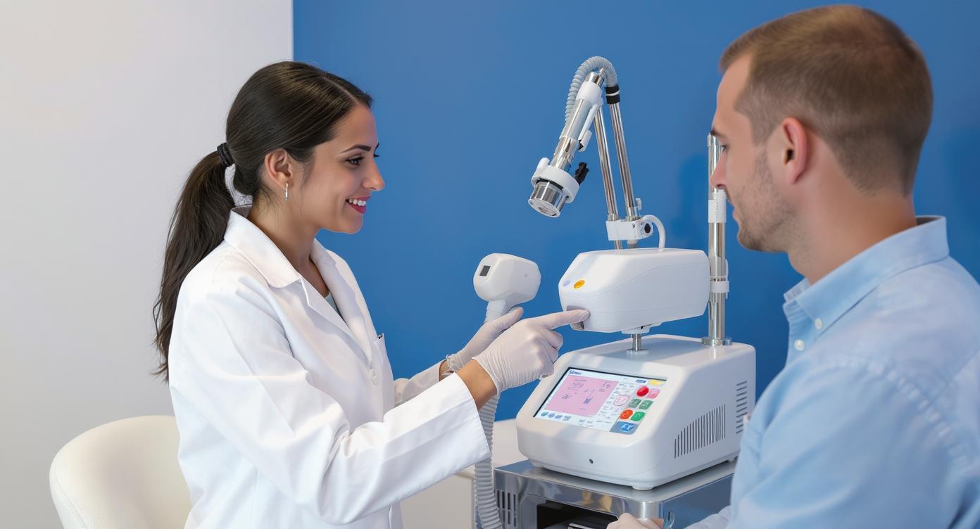 Certified female specialist in a white lab coat demonstrating laser settings on a high-end diode machine to an attentive client in a modern clinic. Blue-accented consultation room with clean lines, warm daylight illuminating their trusting interaction. Detailed textures of the chrome laser apparatus and professional attire, both subjects engaged in discussion with calm expressions. Medium-wide shot adhering to rule of thirds, no readable text elements, emphasizing expertise through body language and equipment quality.