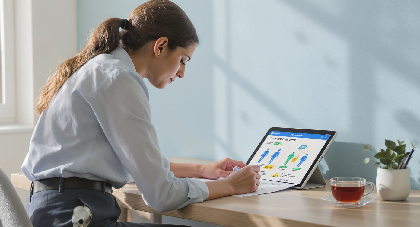 A 30-year-old woman in a light blue professional blouse leans over a modern wooden desk, examining a zone safety chart with clear body silhouette illustrations (green checkmarks on legs, caution signs near face). Soft daylight creates a golden rim light around her silhouette, highlighting focused expression. Desk features a tablet showing a laser safety infographic with blue accents, a herbal tea cup, and minimalist stationery. Pastel blue wall background with faint anatomical diagrams as subtle texture. Photorealistic details: fabric weave texture, natural skin pores, daylight shadow gradation. Rule of thirds composition with subject on left third, empty space on right for text overlay. Professional SFW attire, no visible text on materials, clinical yet warm ambiance.