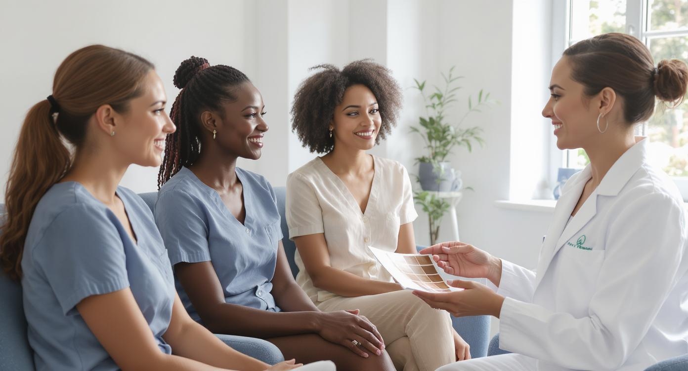 Three diverse women (fair, olive, and dark skin tones) seated in a bright aesthetic clinic with blue-toned furniture, observing a female specialist holding skin tone swatches next to hair color samples. Specialist wears a crisp white coat, using hand gestures to explain treatment customization while natural light highlights attentive expressions. Medium shot with rule of thirds composition, soft rim lighting creating professional atmosphere, no text elements visible on any surfaces.