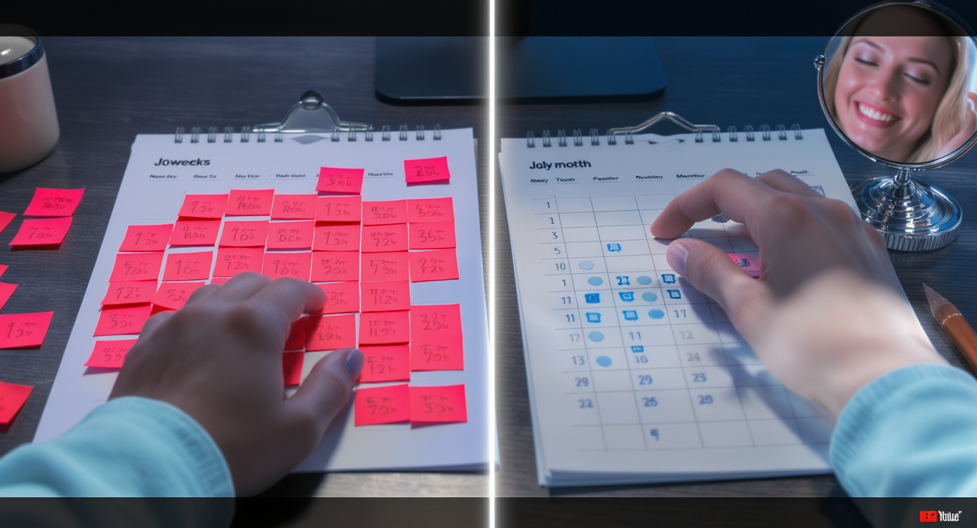 Photorealistic desk-level comparison scene showing two calendar sections side by side with visual treatment markers. Left side features dense clusters of red sticky notes with miniature wax strip illustrations every 3 weeks. Right side displays spaced blue markers with tiny laser device icons every month. A woman's hand in a light blue sleeve gently touches the laser section while her relieved expression appears reflected in a mirrored compact on the desk. Soft blue ambient lighting enhances textures of paper grain, fabric, and skin. Dramatic rim light creates YouTube thumbnail impact while maintaining professional aesthetic. No readable text, focusing instead on intuitive visual metaphors to illustrate treatment frequency differences between methods. SFW composition centered on hands and desk objects.