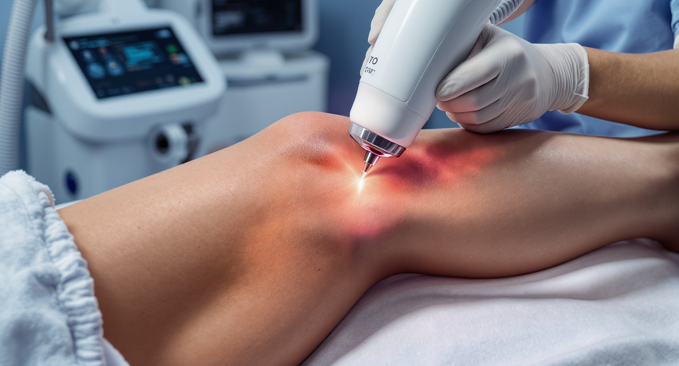 Close-up photorealistic scene of a woman's lower leg in soft focus clinical setting. She wears light denim shorts as a laser device emits a brief flash on her calf, her expression showing mild surprise like a snapped rubber band rather than pain. Aesthetician in light blue scrubs operates the machine with precision, cool-toned background featuring Cryo Institut's modern equipment. Dynamic lighting with rim light effect emphasizing calmness, detailed skin texture and fabric folds, rule of thirds composition focused on treatment zone and relaxed posture. Strictly SFW with professional demeanor.