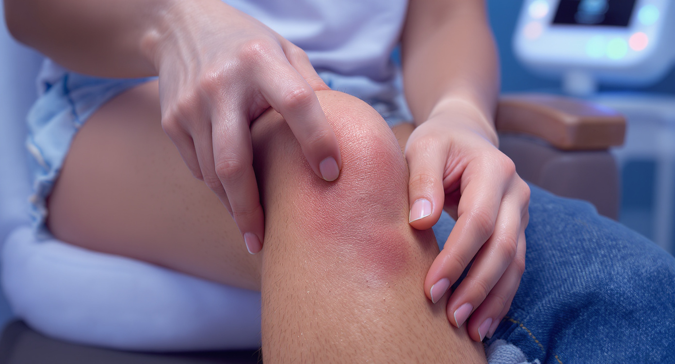 Photorealistic close-up of a woman's lower leg showing localized patch of markedly thicker and darker terminal hairs contrasting with surrounding skin, 4 weeks post-laser treatment. She gently touches the area with index finger while seated in professional clinic setting, wearing light denim shorts and neutral sandals. Cool blue ambient lighting with rim light emphasizing emotional concern, soft-focus background featuring modern aesthetic equipment. Strict SFW compliance: full leg visibility without suggestiveness, rule of thirds composition highlighting hair density variation. Hyperrealistic texture of individual coarse hairs emerging from follicles, natural skin pores and tone, 8K resolution capturing clinical detail without medical jargon visualization.