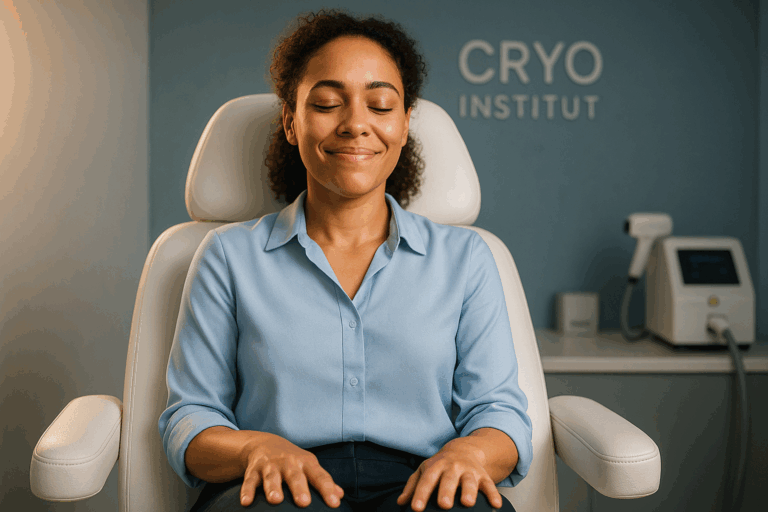 Photorealistic YouTube thumbnail capturing emotional relief: A 30-year-old woman with mixed-race skin tone wearing a light blue professional blouse sits confidently in a modern aesthetic clinic chair. She displays a serene smile with hands resting on her knees, displaying subtle relief after escaping the waxing cycle. Strong rim light highlights her hopeful expression against a softly blurred background featuring Cryo Institut-style minimalist decor with blue-toned walls and a discreet laser device on a side table. Ultra-high detail in skin texture, fabric folds, and ambient lighting blending warm natural tones with cool blue accents. Composition follows rule of thirds with emotional focus on facial expression, conveying the aspiration of finding a balanced hair removal solution that minimizes pain and long-term costs. SFW professional setting with appropriate clothing coverage.