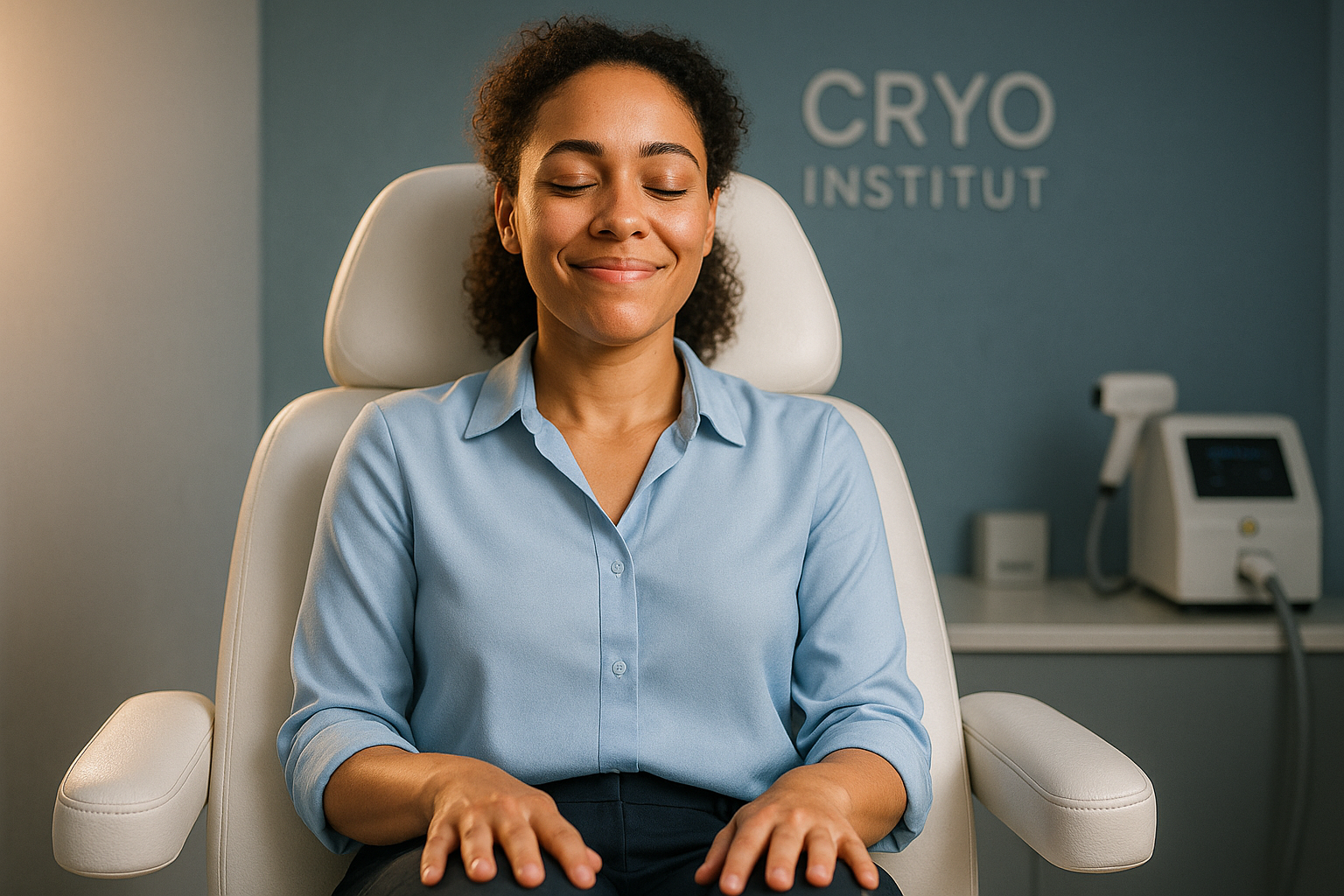 Photorealistic YouTube thumbnail capturing emotional relief: A 30-year-old woman with mixed-race skin tone wearing a light blue professional blouse sits confidently in a modern aesthetic clinic chair. She displays a serene smile with hands resting on her knees, displaying subtle relief after escaping the waxing cycle. Strong rim light highlights her hopeful expression against a softly blurred background featuring Cryo Institut-style minimalist decor with blue-toned walls and a discreet laser device on a side table. Ultra-high detail in skin texture, fabric folds, and ambient lighting blending warm natural tones with cool blue accents. Composition follows rule of thirds with emotional focus on facial expression, conveying the aspiration of finding a balanced hair removal solution that minimizes pain and long-term costs. SFW professional setting with appropriate clothing coverage.