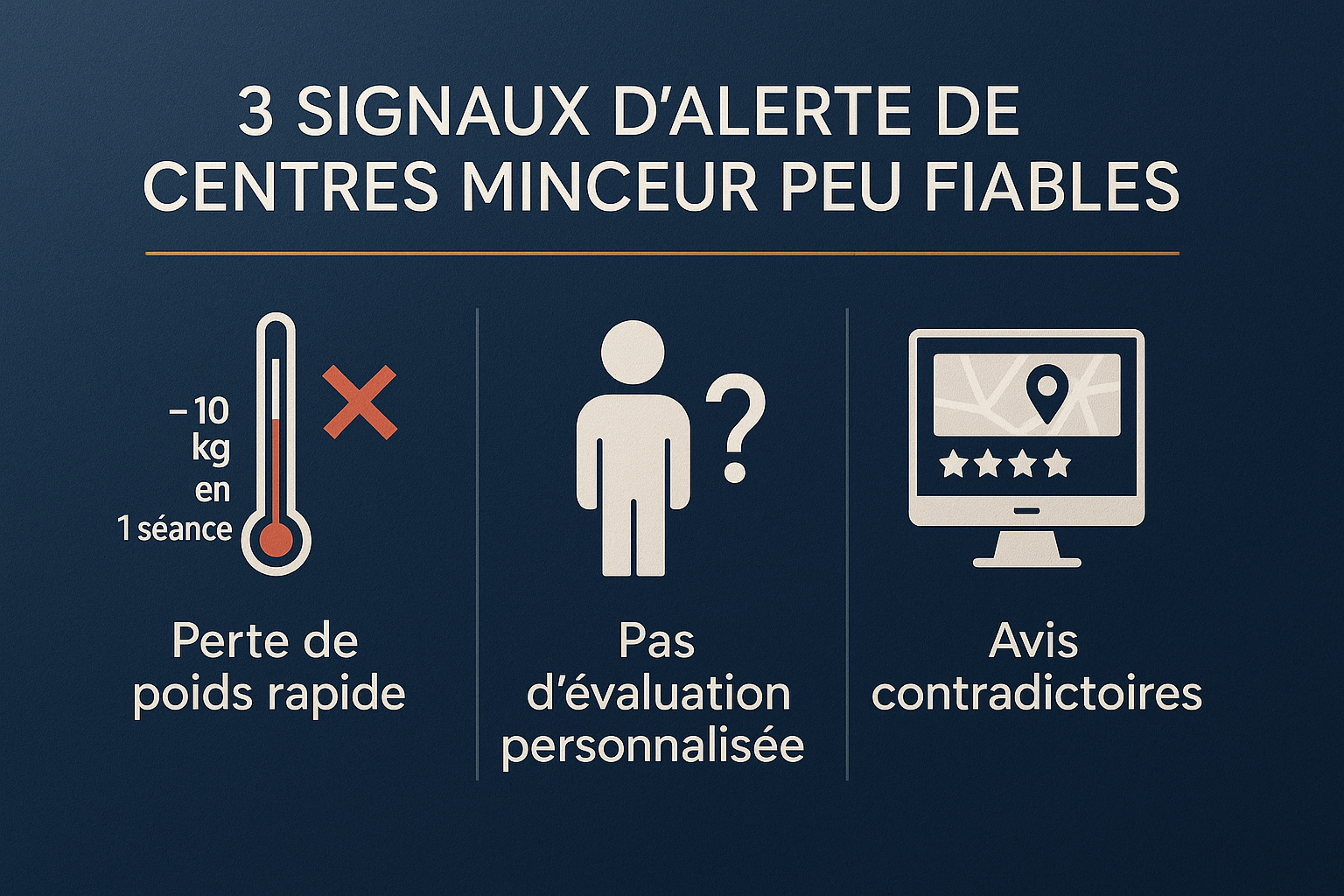 Infographie professionnelle montrant 3 signaux d'alerte de centres minceurs peu fiables, organisés en colonnes avec icônes minimalistes. 1) Thermomètre indiquant -10 kg en 1 séance barré d'une croix rouge, 2) Silhouette humaine sans évaluation personnalisée avec un point d'interrogation, 3) Écun Google Maps affichant des avis contradictoires. Arrière-plan sobre en tons bleu marine avec reflets dorés, police clean moderne en blanc.
