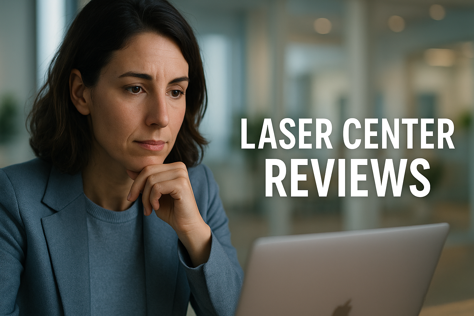 Photorealistic close-up of a French woman in her 30s sitting at a modern desk, thoughtfully analyzing laser center reviews on her laptop. She wears professional attire with soft blue tones in her sweater, her expression showing cautious optimism and determination. Gentle rim light highlights her facial features against a blurred background of a clean, welcoming laser center interior. Calming blue and neutral color palette creates professional atmosphere, soft natural lighting through window, rule of thirds composition with space for text overlay. Highly detailed skin texture, photorealistic quality with emotional focus on her searching eyes showing transition from distrust to hope. YouTube thumbnail style with strong contrast and clear focal point.