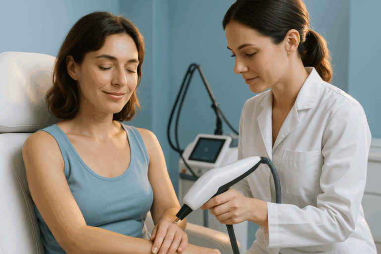 Photorealistic scene of a French woman in her early 30s sitting comfortably in a modern aesthetic clinic with serene blue-toned walls. She wears a light blue sleeveless top and displays a calm, relieved expression while a professional esthetician in a white coat with navy trim gently prepares her forearm for laser treatment. Soft natural lighting with golden rim light highlights their interaction, emphasizing trust and expertise. Visible in background: high-tech laser device and clean treatment environment. Ultra-detailed skin textures, professional yet welcoming atmosphere, no text or sensitive areas visible. Dominant palette of calming blues and crisp whites, fully SFW with appropriate clinic attire.