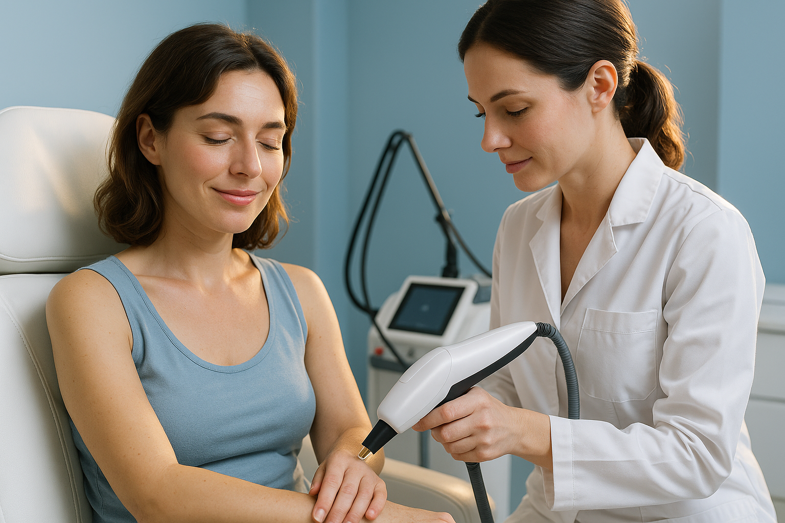 Photorealistic scene of a French woman in her early 30s sitting comfortably in a modern aesthetic clinic with serene blue-toned walls. She wears a light blue sleeveless top and displays a calm, relieved expression while a professional esthetician in a white coat with navy trim gently prepares her forearm for laser treatment. Soft natural lighting with golden rim light highlights their interaction, emphasizing trust and expertise. Visible in background: high-tech laser device and clean treatment environment. Ultra-detailed skin textures, professional yet welcoming atmosphere, no text or sensitive areas visible. Dominant palette of calming blues and crisp whites, fully SFW with appropriate clinic attire.