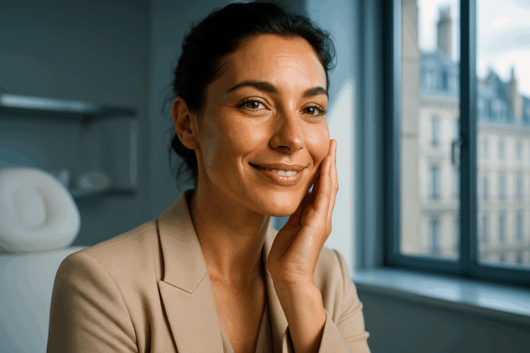 Photorealistic portrait of a confident French woman in her 30s with radiant skin gently touching her smooth cheek in a modern aesthetic clinic. Soft natural light creates a rim light effect highlighting her joyful expression, blue-toned minimalist decor with steel accents, professional beige outfit, hyperdetailed skin texture showing healthy glow, cinematic composition following rule of thirds, shallow depth of field, 8K resolution capturing authentic Lyon architectural details through window
