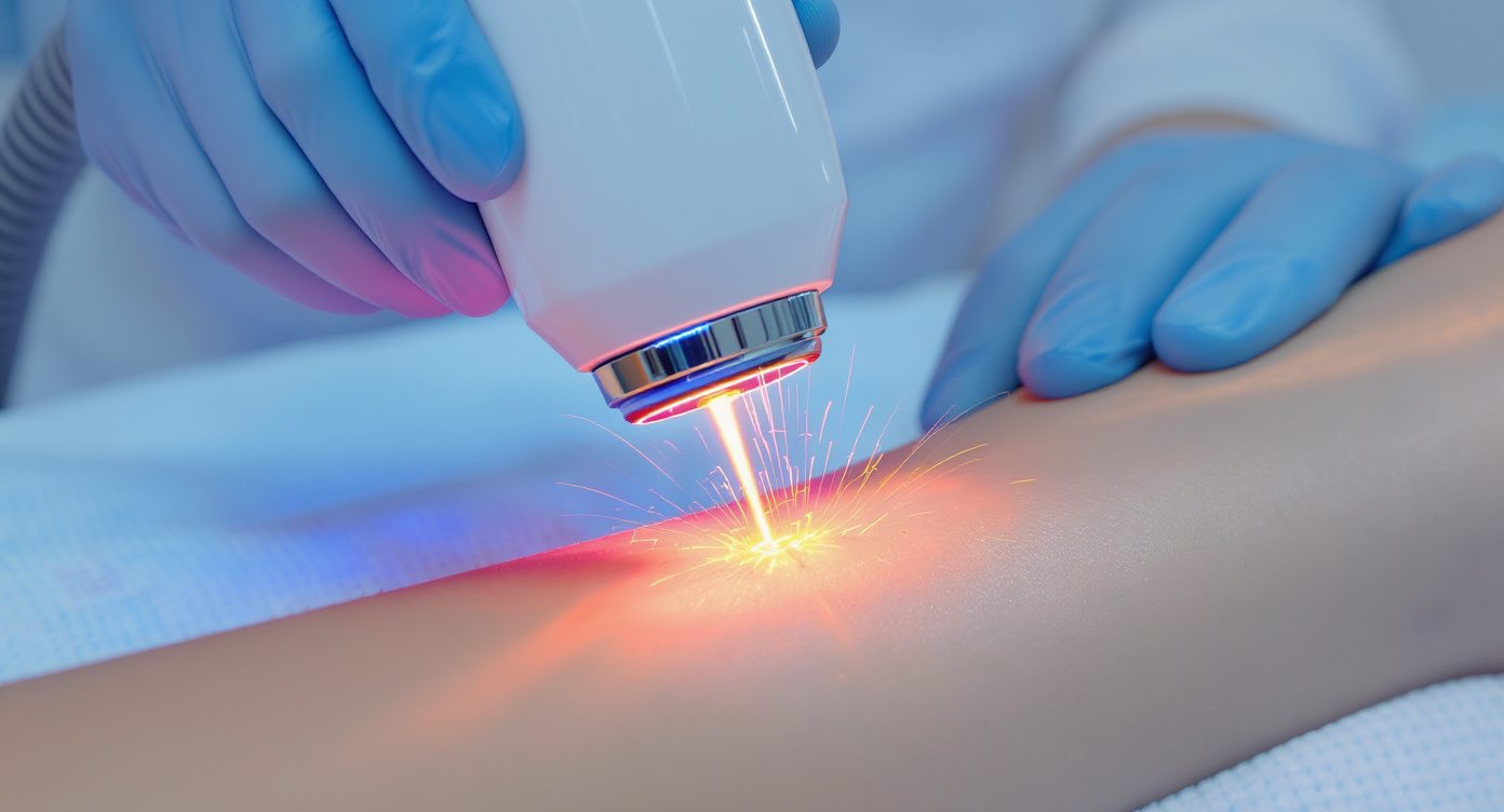 Close-up of a modern laser device with blue LED indicators hovering over a woman's forearm in a clinical setting. The laser beam visualized as a precise golden light targeting dark hair follicles against cool-toned skin, with subtle motion lines showing energy absorption. Clean composition showing the device's cooling tip making contact, soft blue ambient lighting in background, professional gloved hands positioning the device. Photorealistic skin texture with individual hairs visible, rule of thirds framing with negative space on right side, shallow depth of field emphasizing the laser-skin interaction point.