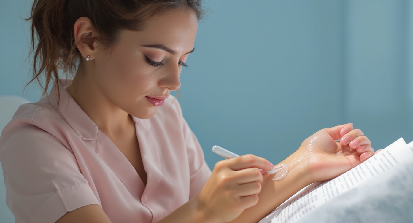 Medium shot of a female esthetician in soft professional attire performing a skin compatibility test on a client's arm in a bright blue-toned beauty institute. Close-up shows gentle gel application on forearm with focused expressions, client's hand relaxed while checking consent form. Natural lighting highlights trustful interaction, rim light outlines both figures against minimalist background. Photorealistic detail on skincare tools and calm body language, 8K resolution following safety protocol guidelines. No medical jargon visible.