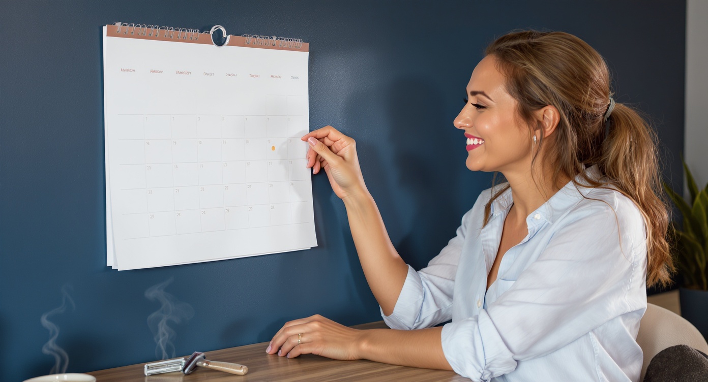 Photorealistic scene showing a woman in light blue rolled-sleeve blouse smiling at a minimalist wall calendar displaying only two subtle gold dots in coming months versus completely empty previous sections. Her visible smooth underarms and relaxed posture contrast with a forgotten razor gathering dust on the nearby table. Soft morning light creates rim lighting on her shoulders against a navy blue accent wall, shallow depth of field highlighting coffee steam rising from a mug as symbol of reclaimed morning routine. Professional photography style emphasizing realistic skin texture and time-saving benefit.