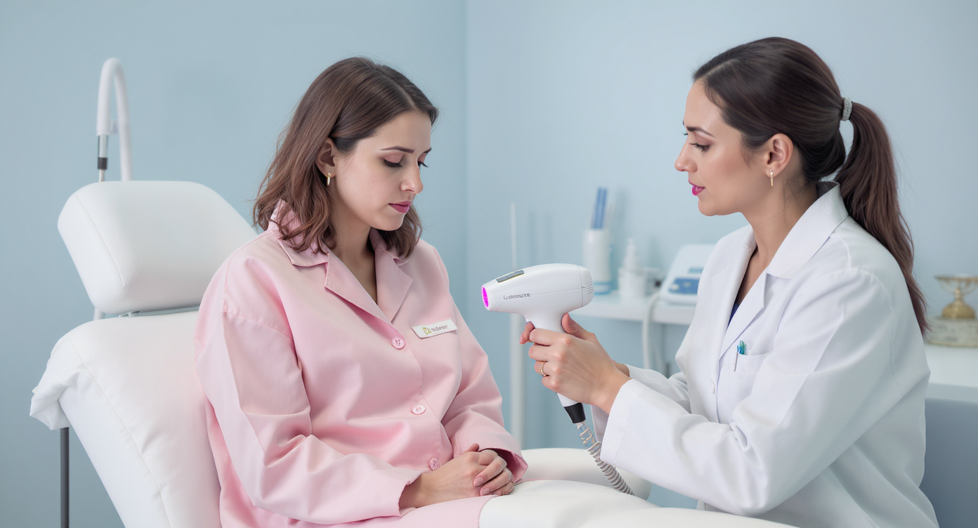 A 28-year-old woman wearing a pastel pink clinic robe sits nervously on an examination table, hands clasped tightly in her lap. A calm female laser specialist in a white coat demonstrates a modern laser device with gentle gestures, showing the handheld applicator. Light blue-toned clinic environment with soft diffused lighting, realistic textures of medical fabrics and equipment. Rim light highlighting the specialist's reassuring posture on the left third of frame, woman's anxious expression visible in right third. Photorealistic detail showing the contrast between her tension and the professional's calm demeanor, clinically sterile yet welcoming atmosphere