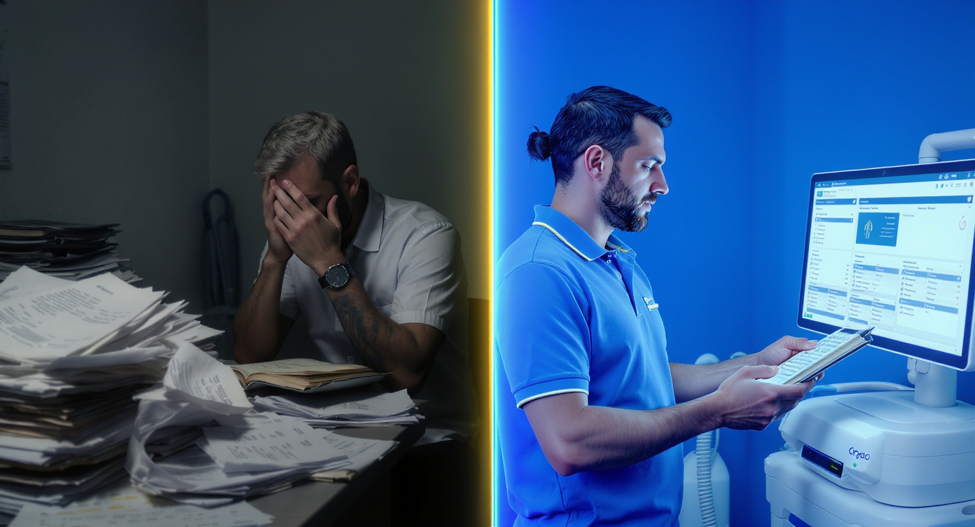 Split-screen photorealistic scene showing business risks of independent clinic versus franchise benefits. Left side: dimly lit independent clinic office with overflowing invoice piles, outdated laser equipment, and stressed entrepreneur checking empty appointment book. Right side: vibrant Cryo Institut franchise space with blue color scheme, digital scheduling system displaying fully booked appointments, and technician demonstrating new laser device. Soft rim lighting separates the contrasting realities. Professional attire throughout, cool blue tones dominant with strategic yellow accents for visual interest. Sharp focus on facial expressions showing clear emotional contrast.