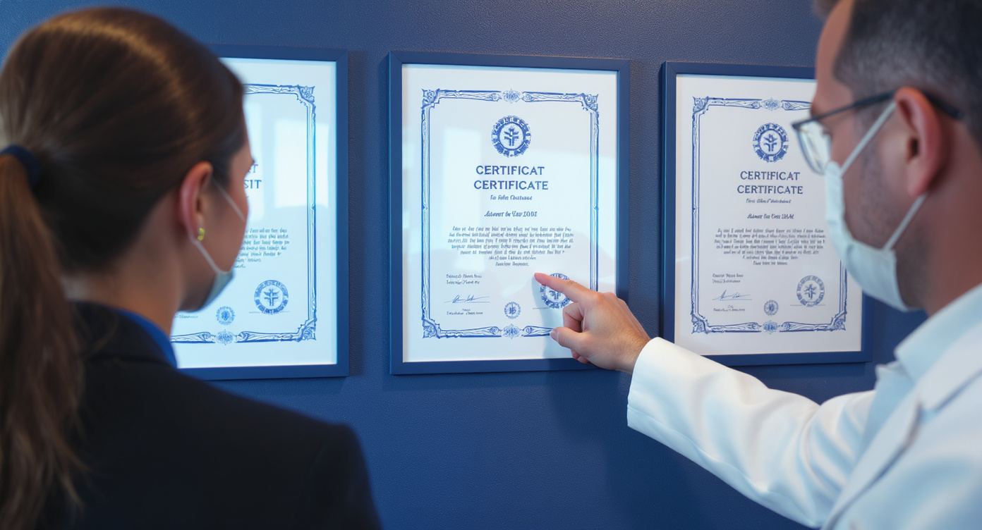 Photorealistic close-up of certified laser specialist in crisp white coat pointing to framed certifications on clinic wall in Lyon, documents featuring official medical school seals with navy blue borders. Attentive client in professional attire leans forward with expression of understanding, soft window light illuminating certificates and specialist's ID badge. Modern clinic background shows blue-toned minimalist furniture, rim light highlighting certificate edges. Ultra-sharp focus on document textures and professional eye contact, no visible text on certificates. Cool color palette with sapphire accents creating trustworthy atmosphere.