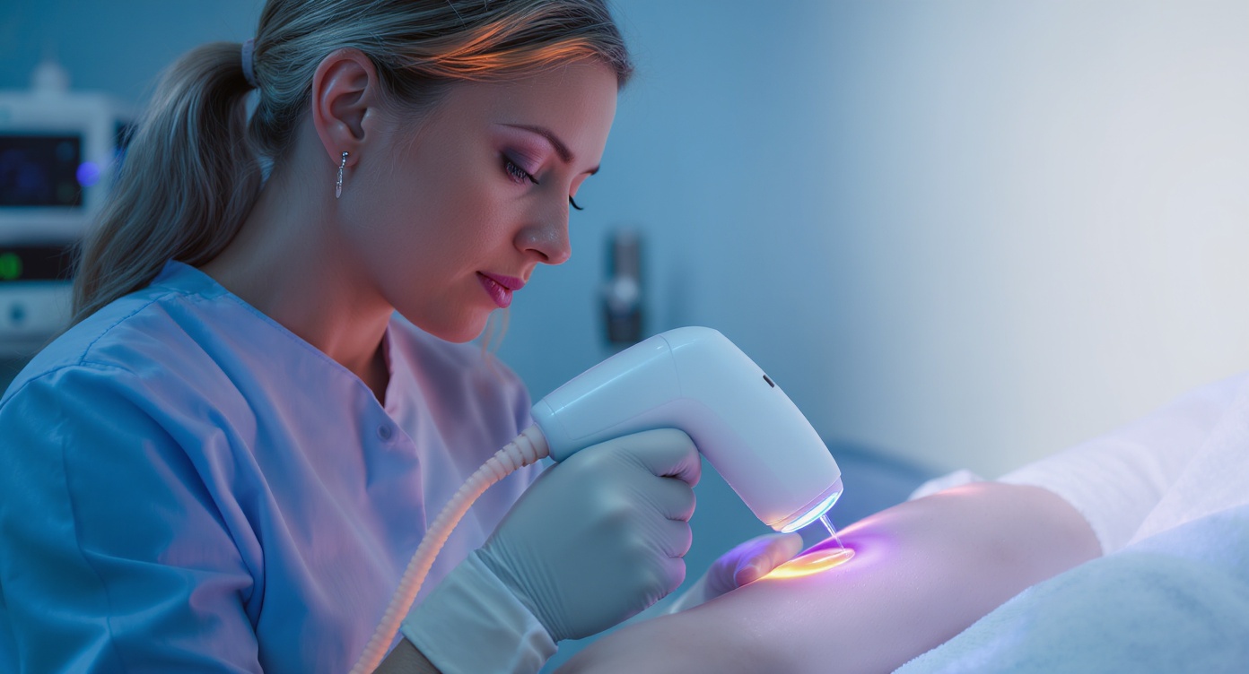 Photorealistic close-up of a female laser specialist in clinical attire carefully adjusting a handheld laser device on a client's forearm during patch test. Soft blue ambient lighting in a sterile, modern clinic room with metallic medical equipment visible in background. Specialist's focused expression showing intense concentration while calibrating settings, client's relaxed posture demonstrating trust. Sharp focus on device-skin interaction with sweat bead details, rim light highlighting professional precision. Rule of thirds composition with negative space on right for text overlay, ultra HD skin texture rendering, no readable text.