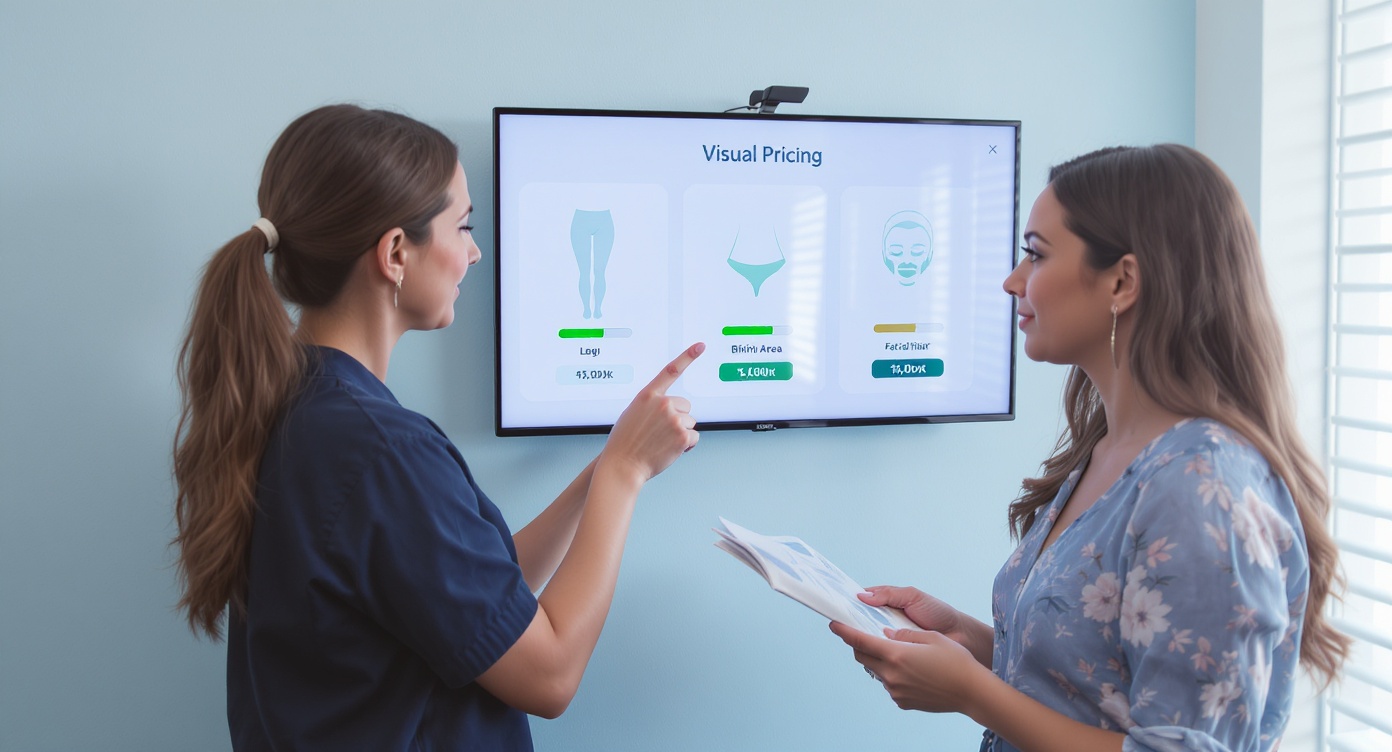 Photorealistic consultation moment in DepilTech center: a female specialist in navy blue uniform points to a wall-mounted screen displaying three clear visual pricing elements – leg silhouette with medium-level bar, bikini area icon with elevated indicator, facial hair symbol with reduced value marker. A diverse client (late 20s, floral dress) nods thoughtfully while holding a brochure with subtle blue geometric patterns. Bright, airy room with pale blue walls and clean lines, natural light creating rim light effect around both women, focus on transparent communication without any readable text. Rule of thirds composition highlighting the educational interaction, photorealistic textures of fabrics and skin --ar 16:9