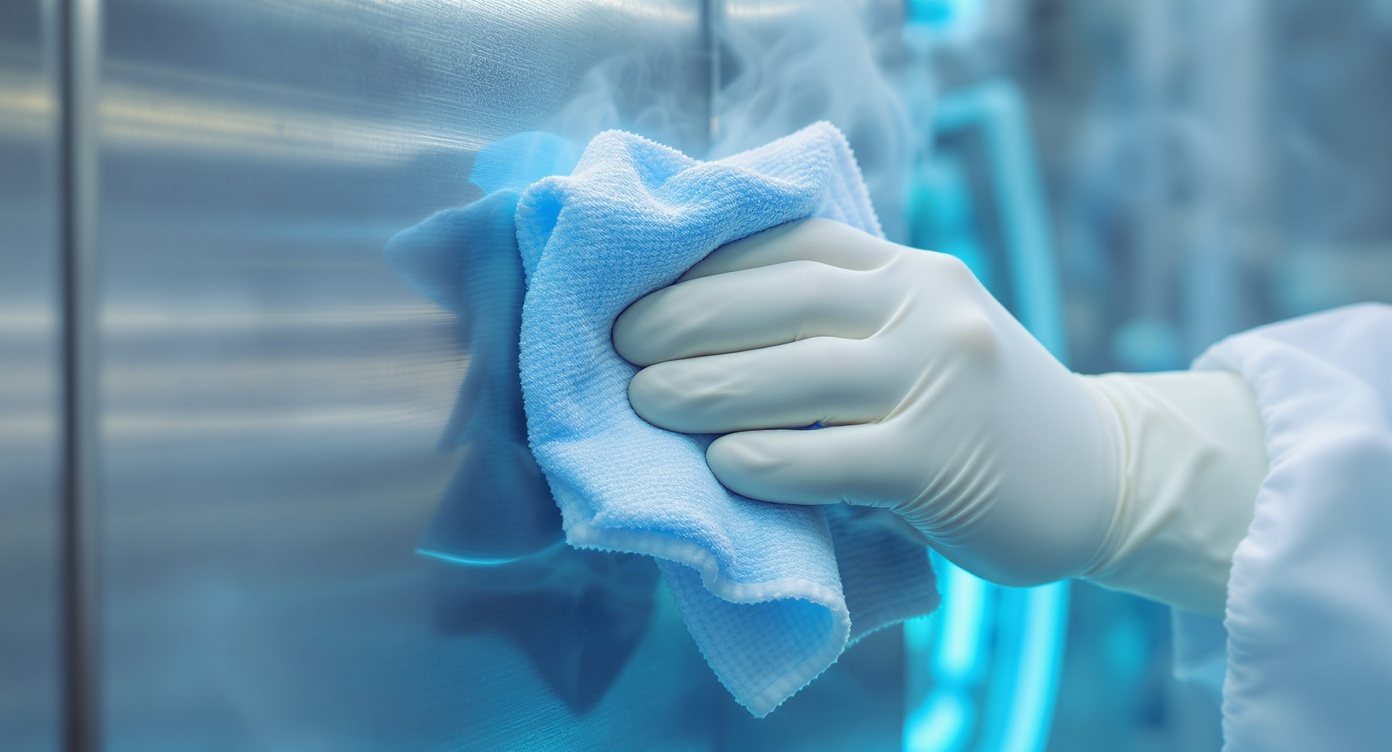 Photorealistic close-up of gloved hands disinfecting cryotherapy equipment with blue antimicrobial wipe, soft blue backlighting illuminating microscopic detail of stainless steel textures, pristine clinical environment with visible steam rising from sanitized surfaces, focused technician's professional expression conveying rigorous hygiene standards, medical-grade equipment showing no signs of prior use, muted silver and ocean-blue color scheme emphasizing purity, rule of thirds composition with ample breathing space around hygienic action, hyper-realistic 8k photography capturing the critical moment of sanitation protocol execution