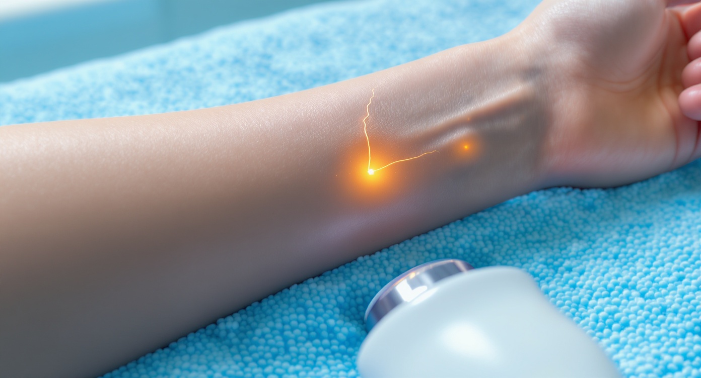 Photorealistic close-up of a woman's forearm resting on light blue microfiber towel in clinical setting. One central hair follicle emits soft golden glow connecting to deeper skin layers, representing active growth phase vulnerability. Surrounding hairs appear normal without illumination. Professional laser device visible in soft focus at lower corner. Natural window lighting creates rim light effect around the glowing follicle, with cool blue accents in room decor. Crisp details of skin texture and fabric fibers under clinically clean conditions, conveying scientific precision without medical jargon.
