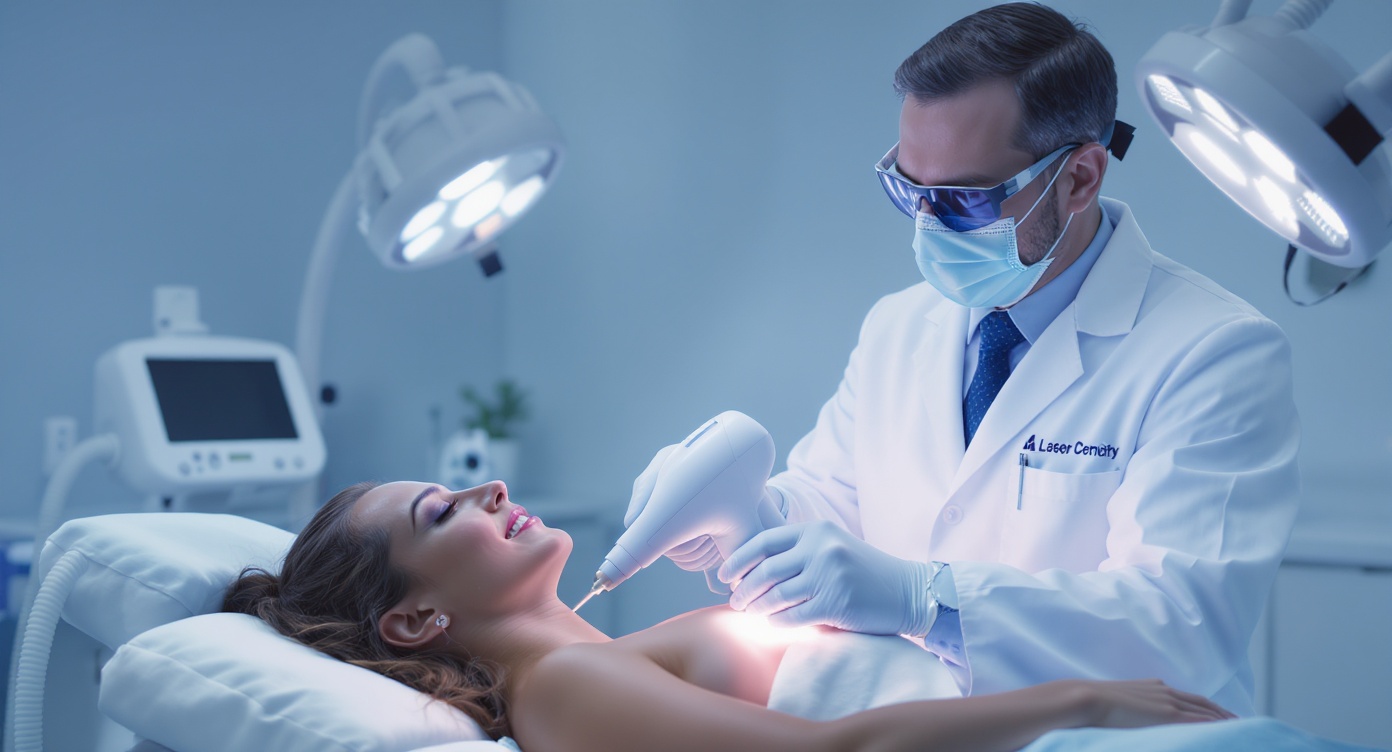 Photorealistic image of a modern medical laser center interior, showing a professional doctor in a white coat supervising a safe laser hair removal treatment on a diverse client's arm, emphasizing expert oversight and high safety standards with advanced equipment and personalized care, calming blue tones in the lighting and decor, strong contrasts and rim lighting for an eye-catching YouTube thumbnail effect, rule of thirds composition with the main subject centered, high-resolution, professional and trustworthy atmosphere, no text.