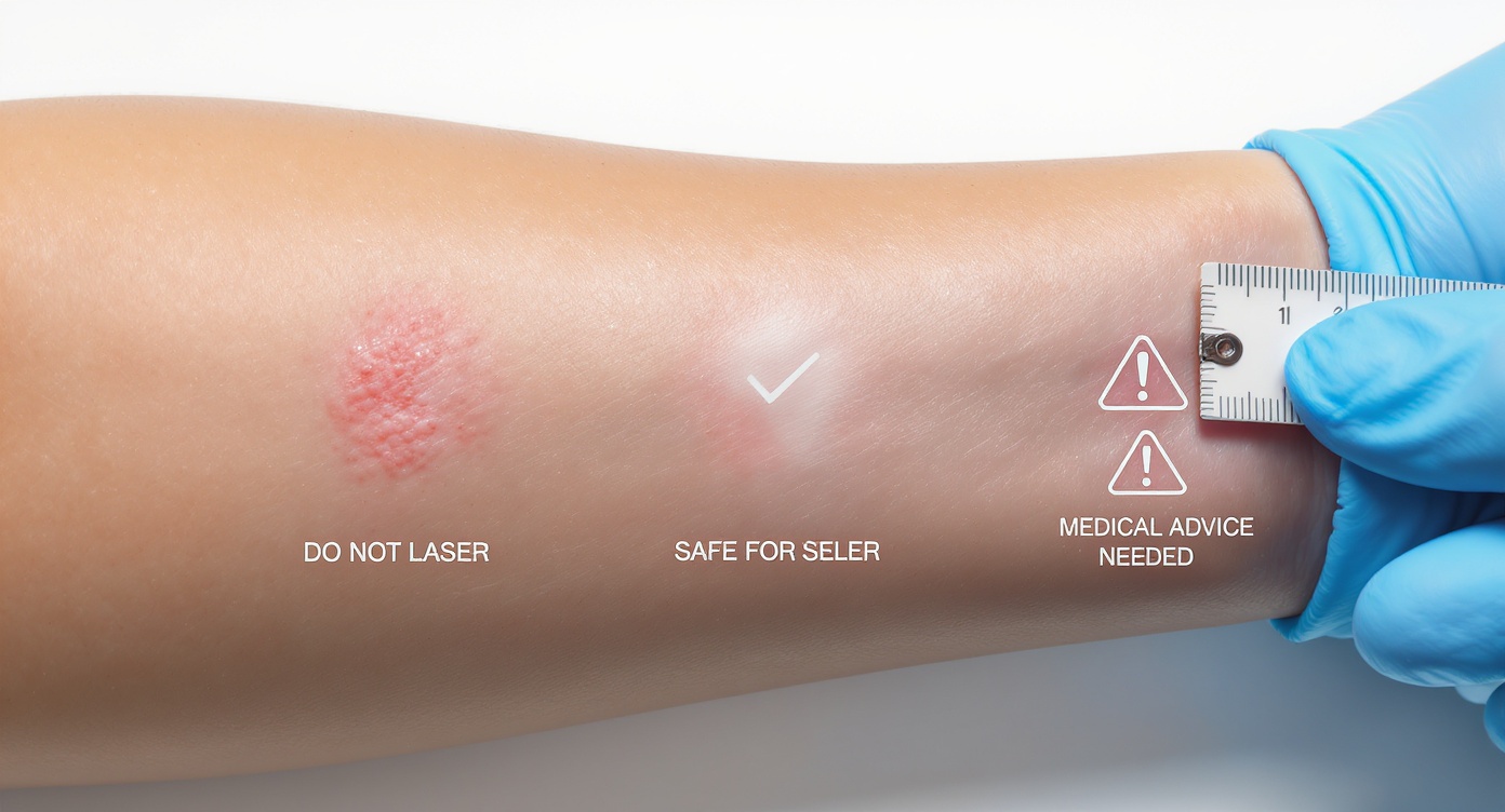 Photorealistic close-up of three different scar types on a woman's arm against clean white backdrop. Left: fresh red bumpy scar with 'DO NOT LASER' symbol (subtle emoji style). Center: mature white smooth scar with 'SAFE FOR LASER' checkmark. Right: shiny keloid scar with 'MEDICAL ADVICE NEEDED' warning icon. A gloved hand in soft blue latex gently compares textures using ruler measurement. Natural lighting highlights skin variations with clinical precision. Rule of thirds composition focused on visual comparison without text elements.