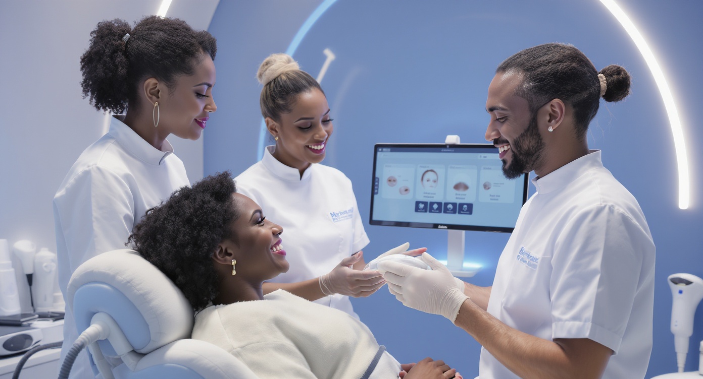 Photorealistic image of a modern laser hair removal clinic interior in Lyon, France, featuring a professional team of experts in white uniforms consulting with a diverse client during a personalized assessment, the client smiling relieved as they discuss skin and hair types on a digital screen, subtle blue accents in the lighting and decor for a clean, reassuring atmosphere, high-resolution details on textures like smooth clinic surfaces and natural expressions, strong contrasts and rim lighting to highlight the exceptional quality and expertise, rule of thirds composition with key elements well-spaced, no text, safe-for-work professional setting.