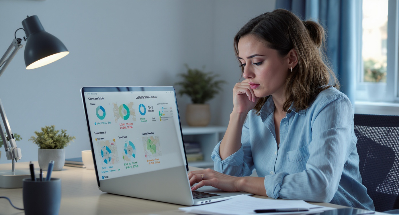 Photorealistic image of a thoughtful young woman in her 30s, dressed in casual professional attire with blue accents, sitting at a desk in a modern home office in Villeurbanne, France, surrounded by a laptop screen showing comparison charts of laser hair removal centers, maps of local areas, and notes on technologies and prices; her expression mixes frustration from scattered options with hopeful determination, soft natural lighting with blue tones for a calming effect, rule of thirds composition focusing on her face and the screen, high-resolution professional photo style, no text visible, safe for work and respectful.