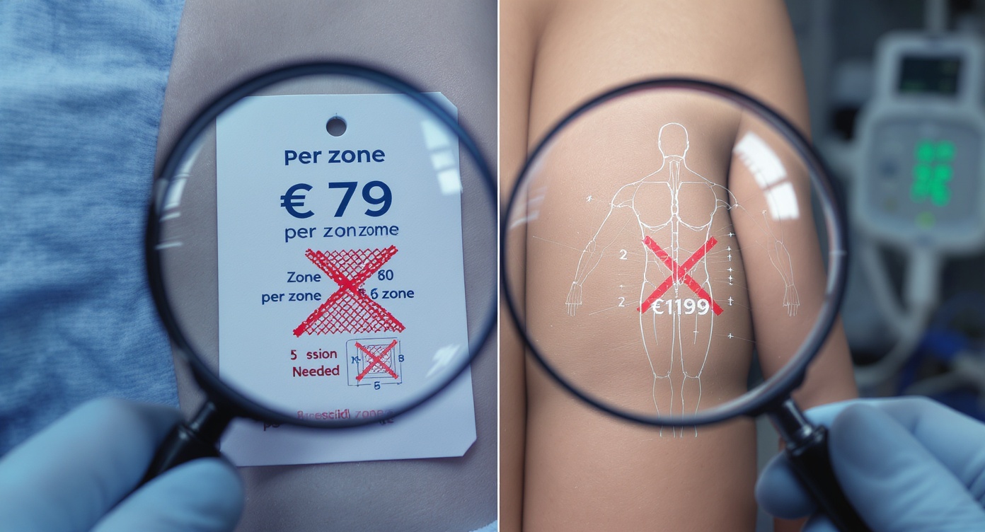Split-view photorealistic composition: left shows a '€79 per zone' price tag with underlying layers revealing 6 sessions needed and excluded zones (represented by zone diagram with red crosshatch), right shows '€119 per zone' with transparent longevity indicators (8 sessions, full body coverage). Professional hands adjust a magnifying glass over the contrast, soft blue accent lighting highlighting hidden cost elements, clinical office setting with blurred equipment in background, rule of thirds framing emphasizing comparison, 8k resolution detail on skin texture and paper fibers.