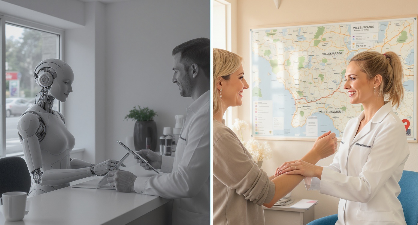 Photorealistic comparison scene split by clinic reception desk: left side shows generic franchise environment with robotic staff checking clipboard (cool gray tones, fluorescent lighting), right side features warm independent clinic with aesthetician personally measuring client's arm while referencing Villeurbanne map on wall. Focus on client's relieved expression in local clinic section, blue accent chair and diplomas visible, soft natural lighting creating rim light effect. Ultra-detailed textures of skin and professional attire, Villeurbanne street signs visible through window, 8K photorealistic resolution. Rule of thirds composition highlighting emotional contrast, completely text-free and SFW.