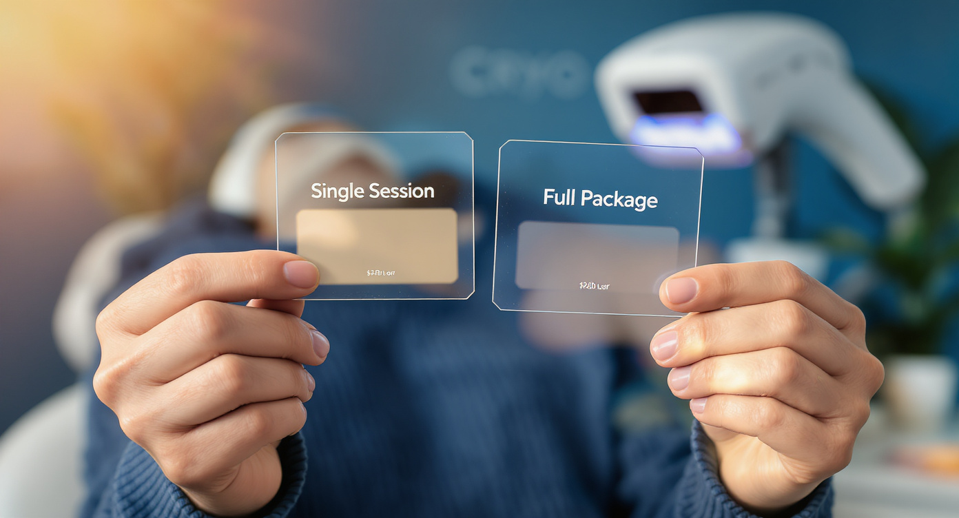 Photorealistic close-up of feminine hands holding two transparent pricing cards (text intentionally blurred) labeled 'Single Session' and 'Full Package' against a blue-toned consultation room backdrop. Woman wears professional yet approachable navy sweater, natural makeup. Laser device visible in soft focus background with Cryo Institut branding. Warm natural lighting creates rim light effect on hands, highlighting decision-making moment. Ultra-detailed skin texture, wool fabric realism, and rule of thirds composition. Clean clinic environment with plant accents conveying trust and modernity, ISO 400 clarity.