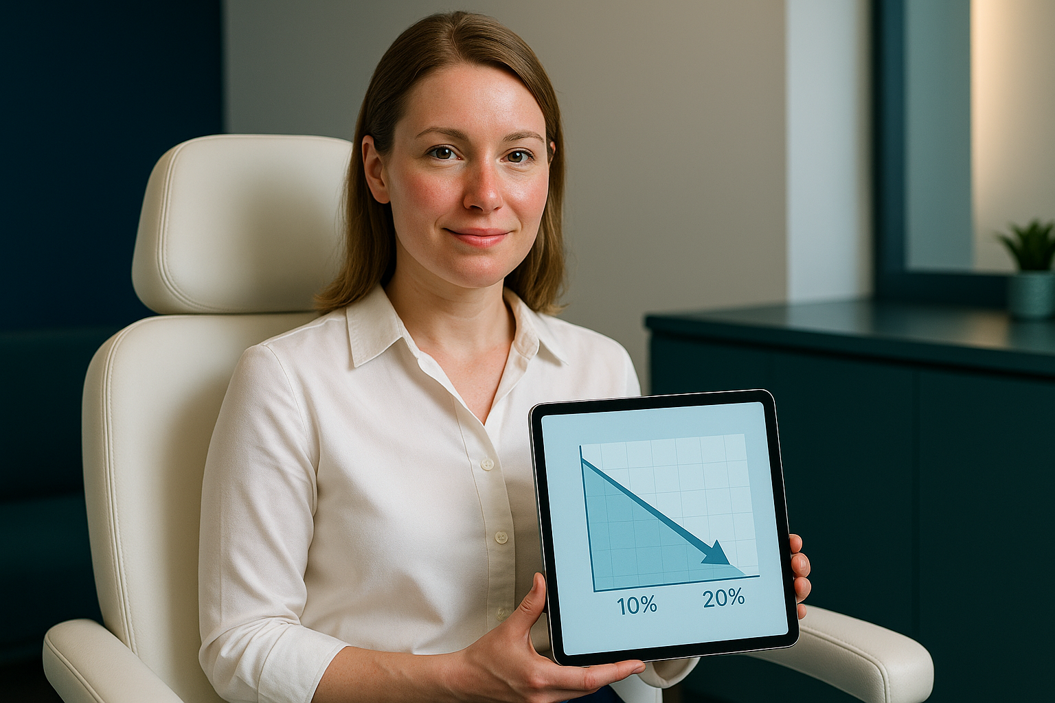 Photographie professionnelle ultra-réaliste d'une femme caucasienne de 30 ans, regard franc et sourire apaisé, assise sur un siège de consultation moderne aux lignes épurées dans une cabine de soins haut de gamme. Elle tient délicatement une tablette affichant un graphique réaliste de progression (10-20% d'élimination) avec un fond bleu ciel clair. Éclairage naturel diffus avec rim light doré soulignant ses épaules, peau légèrement rosée sur les joues comme trace subtile de traitement laser récent. Tenue professionnelle sobre (chemisier blanc), décor sobre avec éléments bleu marine et émeraude rappelant l'institut Cryo. Composition selon la règle des tiers, regard orienté vers le tiers supérieur droit, émotion dominante : confiance éclairée après déconstruction des mythes. Rendu 8K hyperdétaillé avec textures réalistes de peau et tissu, style 'vignette YouTube' percutante sans texte visible.