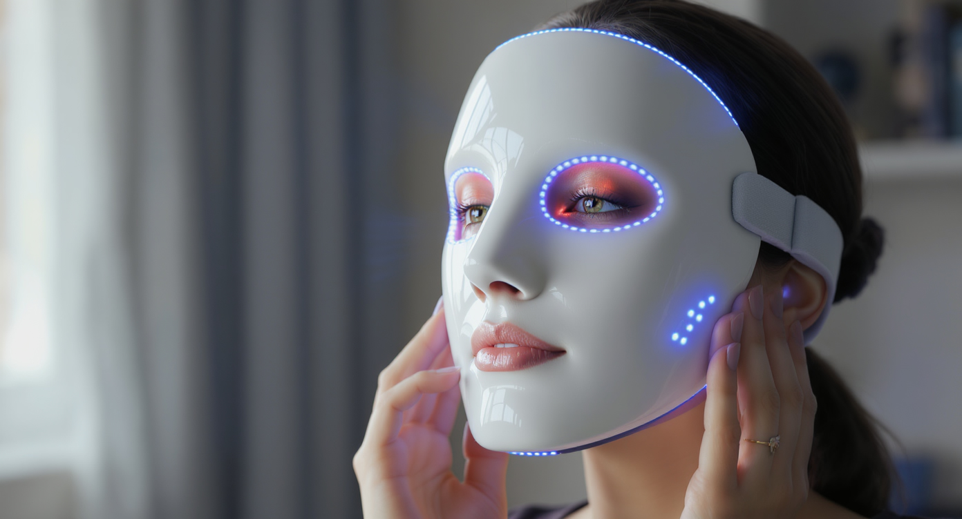 Photorealistic close-up of a modern LED light therapy mask gently placed on a woman's face in a home setting, emitting soft colored lights in red, green, and blue hues illuminating her relaxed skin, natural indoor lighting with subtle blue accents, high-resolution details on the mask's technology and smooth facial textures, evoking accessibility and natural skin stimulation, rule of thirds composition with space around the subject, professional and reassuring atmosphere.