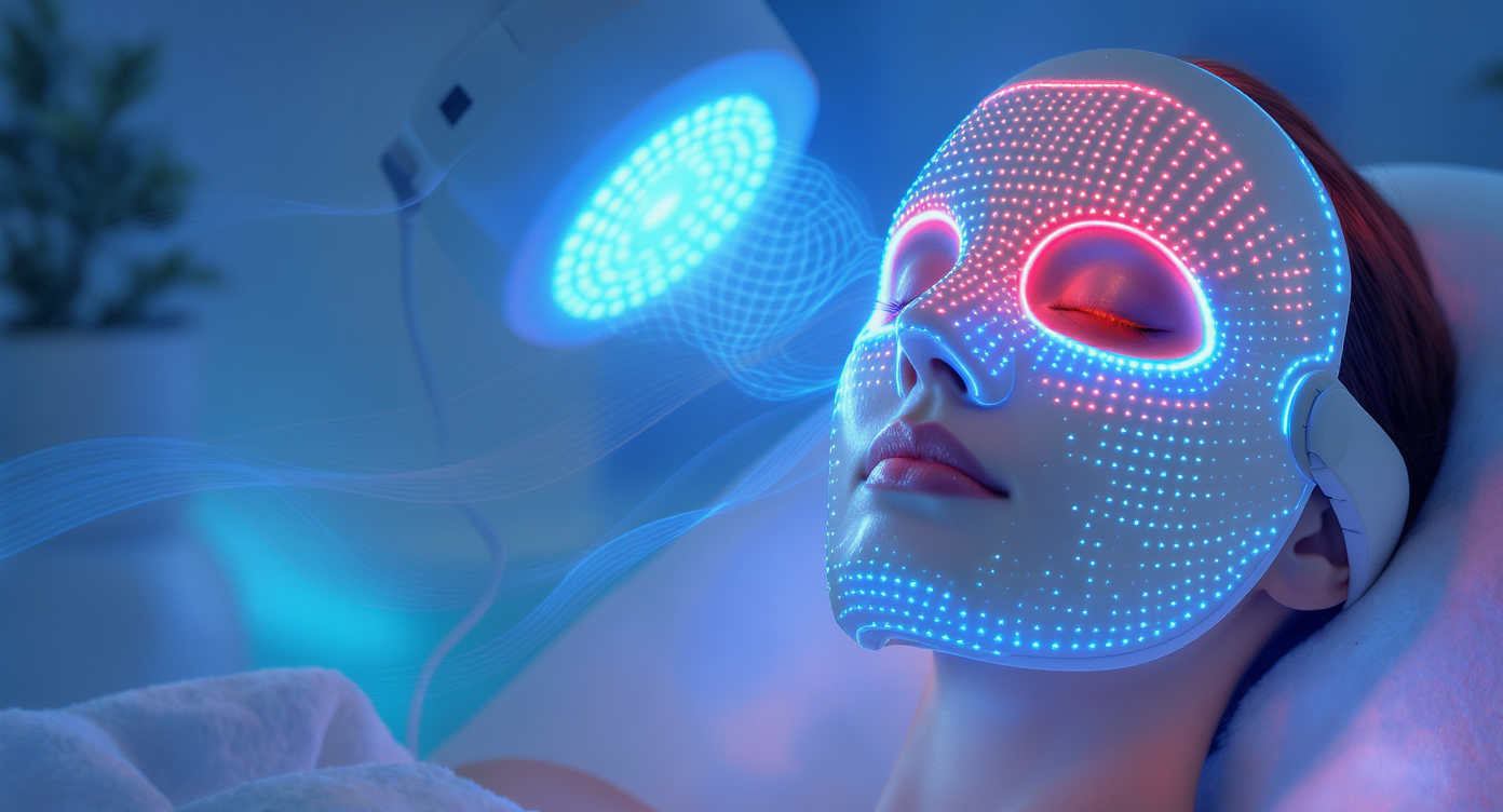 Photorealistic close-up of a modern LED light therapy mask emitting blue and red wavelengths on a woman's face in a serene spa setting, highlighting the gentle glow targeting skin imperfections, professional and reassuring atmosphere with subtle blue tones, high-resolution details on skin texture and light effects, eye-catching composition with rim lighting, no text.
