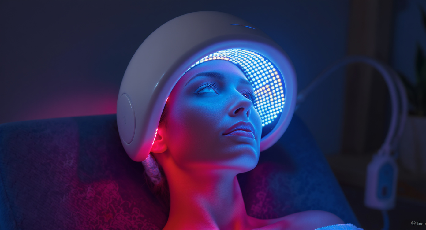 Photorealistic high-resolution image of a modern LED light therapy device emitting soft red, blue, and yellow lights onto a woman's face in a home setting, showing gentle non-invasive skin stimulation with realistic textures on her smooth skin, professional and accessible atmosphere, subtle blue accents in the background decor, dramatic lighting with strong contrasts and rim light on the face for eye-catching appeal, rule of thirds composition with the subject centered and space around, no text, SFW and dignified.