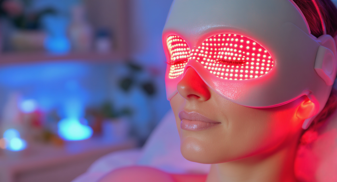 Photorealistic image of a close-up on a woman's face in her 50s, showing deep wrinkles on the forehead and around the eyes before treatment, with a soft red LED light from a phototherapy mask gently illuminating her skin, suggesting collagen stimulation and improved elasticity. The scene is set in a serene home spa environment with subtle blue accents in the background lighting for a calming effect, high-resolution details on skin texture, natural rim light highlighting the face, composed using the rule of thirds with the subject not cropped at edges, eye-catching contrast to evoke education and realism without any text.