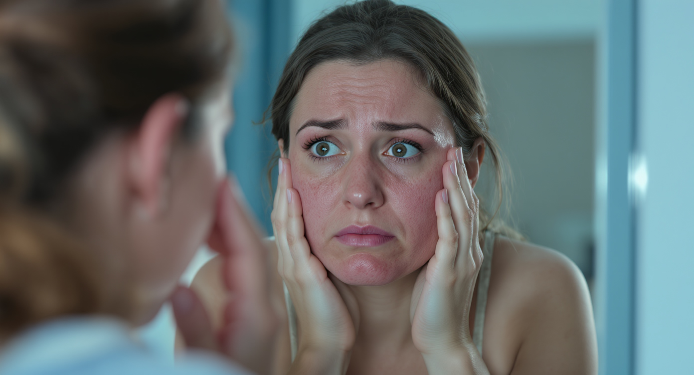 Photorealistic image of a 35-year-old woman with sensitive skin showing persistent facial redness from rosacea, looking frustrated in a mirror at home, soft natural lighting with blue accents for a calming tone, medium shot focusing on her emotional expression of empathy and daily struggle, professional and respectful composition following the rule of thirds, high-resolution details on skin texture without any suggestive elements, eye-catching contrast to draw attention.
