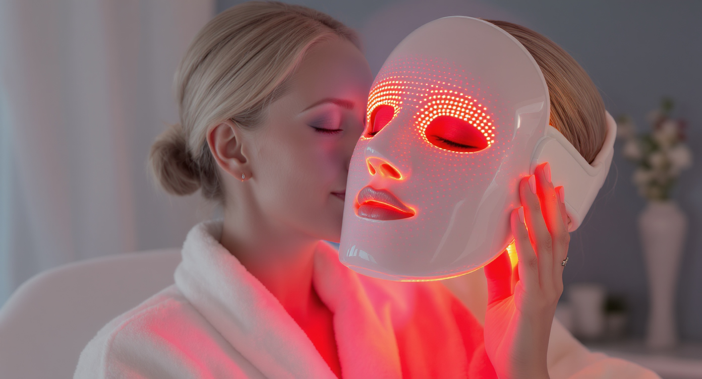 Photorealistic image of a professional woman in her 40s with smooth, glowing skin, wearing a comfortable white robe in a serene spa-like room with soft blue accents on the walls. She is gently applying a red LED light therapy mask to her face, the warm red glow illuminating her features realistically, symbolizing natural collagen stimulation through light therapy. Focus on her relaxed expression of curiosity and optimism, medium shot following the rule of thirds, high-resolution details on skin texture and device, no text, strong contrasts and rim lighting for an eye-catching YouTube thumbnail vibe.