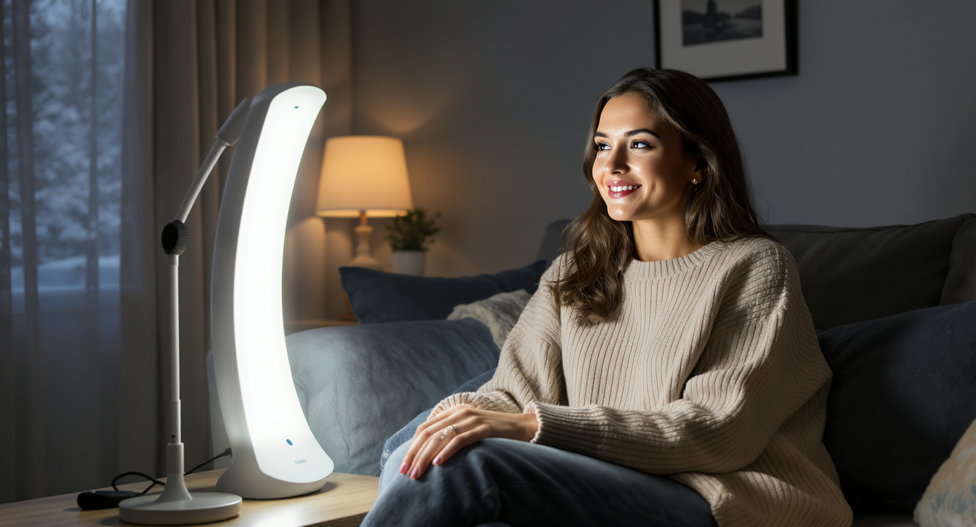 Photorealistic image of a modern living room in winter, a young woman in comfortable casual clothes sitting relaxed in front of a sleek light therapy lamp emitting bright, natural sunlight-like glow, her face illuminated with a healthy radiance, skin looking vibrant and energized, subtle blue accents in the room's decor for a calming atmosphere, high-resolution details on textures like the lamp's surface and her soft expression of well-being, composed using rule of thirds with the woman and lamp as focal points, strong contrasts and rim lighting to create an eye-catching, professional vibe.