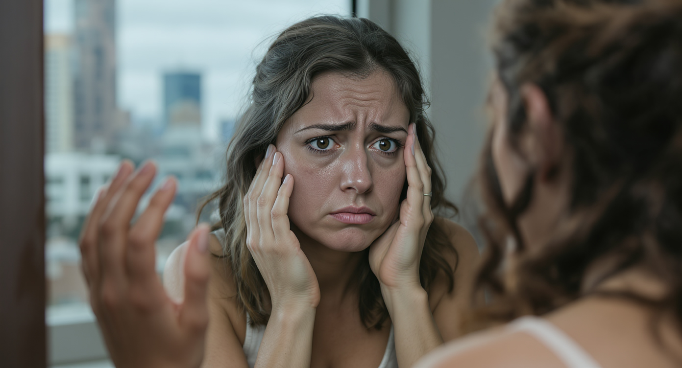 Photorealistic image of a woman in her thirties looking frustrated in front of a mirror, her skin appearing gray and tired due to daily stress and urban pollution, subtle blue tones in the background cityscape visible through a window, medium shot focusing on her disappointed expression and dull complexion, high-resolution professional photography with strong contrasts and natural lighting, safe for work, no text.