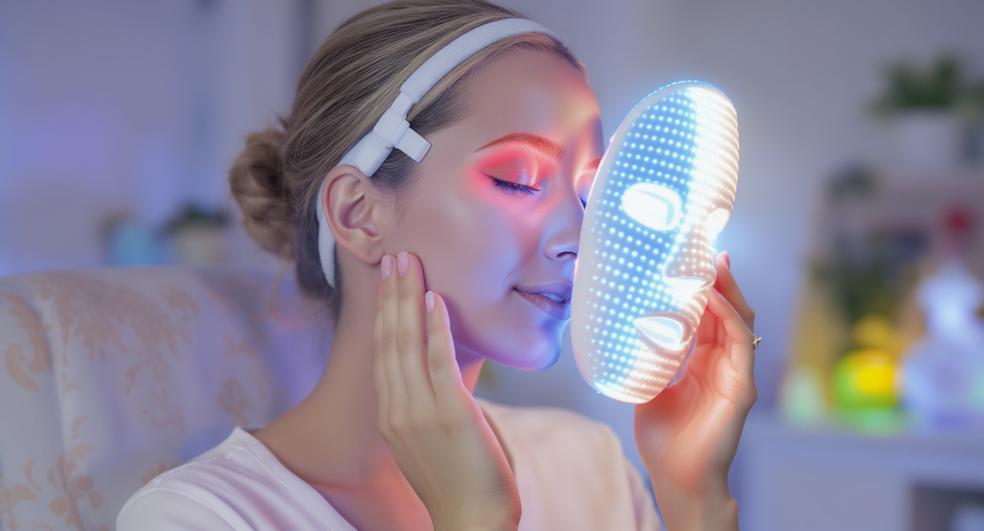 Photorealistic image of a young woman in her 30s with smooth skin, gently applying a non-invasive LED light therapy mask to her face in a home setting, the mask emitting soft, diffused blue and red lights for skin rejuvenation, her expression relaxed and hopeful as it highlights the gentle, safe benefits for acne and glow, professional attire like a simple blouse, medium shot focusing on face and upper body without close-ups on sensitive areas, high-resolution textures on skin and device, natural indoor lighting with blue accents for a calming atmosphere, rule of thirds composition with subject off-center, strong contrasts for eye-catching appeal, no text or surreal elements.