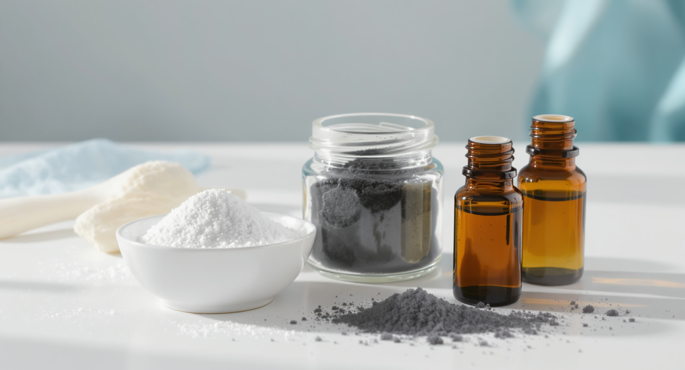Photorealistic high-resolution image of natural teeth whitening ingredients arranged neatly on a clean white table: a small bowl of baking soda, a jar of activated charcoal powder, and essential oils in glass bottles, soft natural lighting with subtle blue accents in the background, evoking gentleness and safety for sensitive teeth, professional composition following the rule of thirds, no text, eye-catching YouTube thumbnail style with strong contrasts and authentic textures.