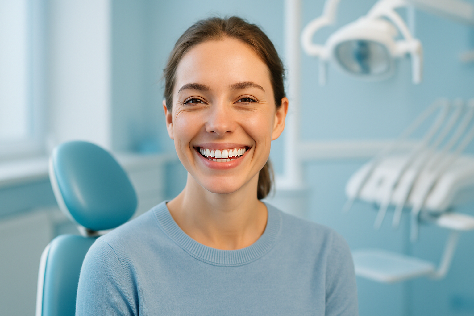 Une femme d'une trentaine d'années au sourire radieux et confiant, avec des dents blanches éclatantes, dans un cadre lumineux et moderne d'un cabinet dentaire, expression de soulagement et de joie pure après un blanchiment indolore, cheveux attachés simplement, vêtue d'un pull bleu clair, éclairage doux avec des accents de bleu apaisant, composition en règle des tiers centrée sur son visage souriant, photoréaliste haute résolution, ambiance rassurante et aspirationnelle, sans aucun texte.